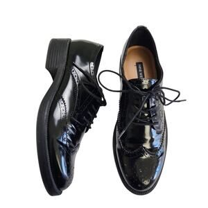 Nine West Womens Studey Lace Up Wingtip Loafers Size 9 Black Glossy Faux Leather